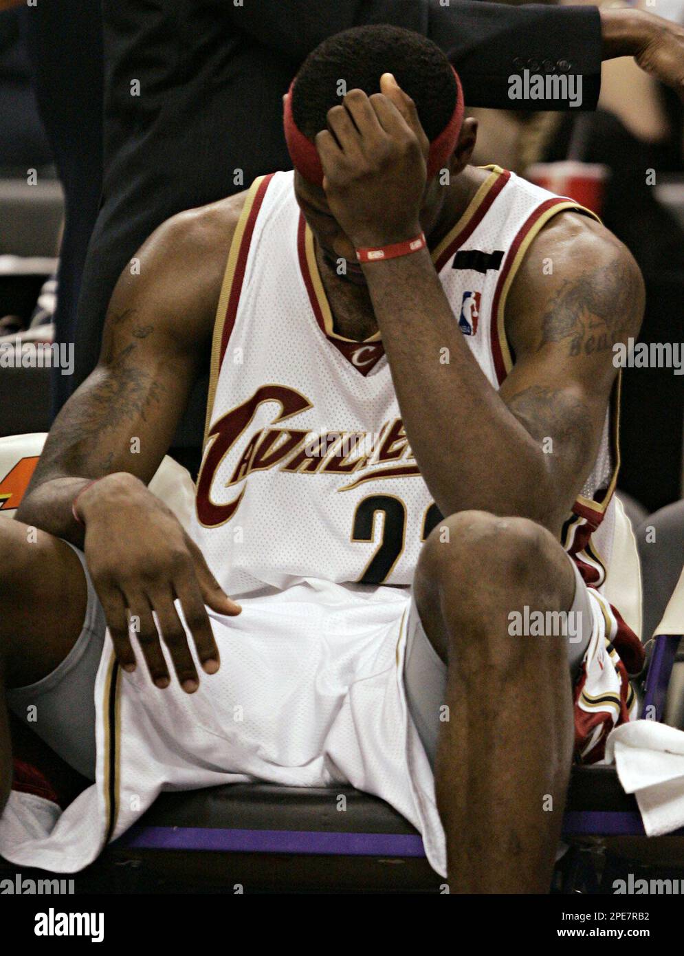 Cleveland Cavaliers' LeBron James sits on the bench in the fourth quarter  during their 104-95 win over the Toronto Raptors in NBA action in Toronto,  Wednesday April 20, 2005. The Cavaliers were