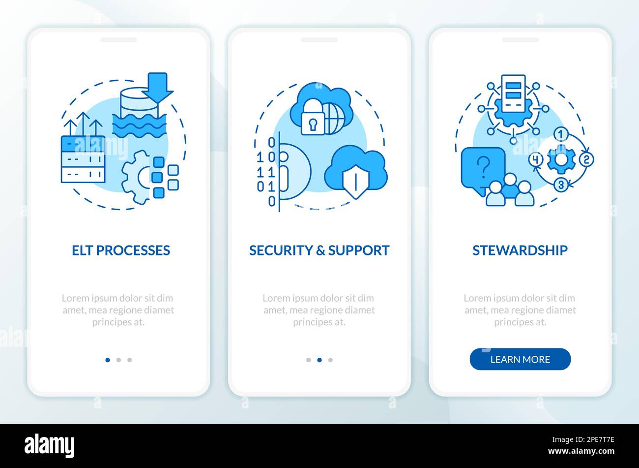 Data lake architecture components blue onboarding mobile app screen Stock Vector