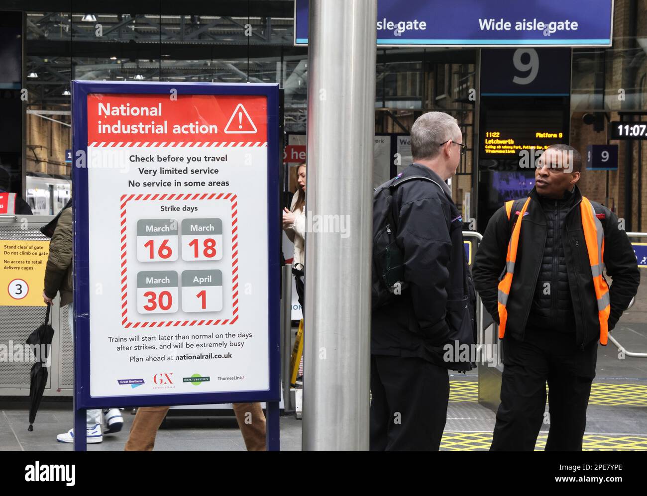 Signs warning passengers of train strikes at Kings Cross
