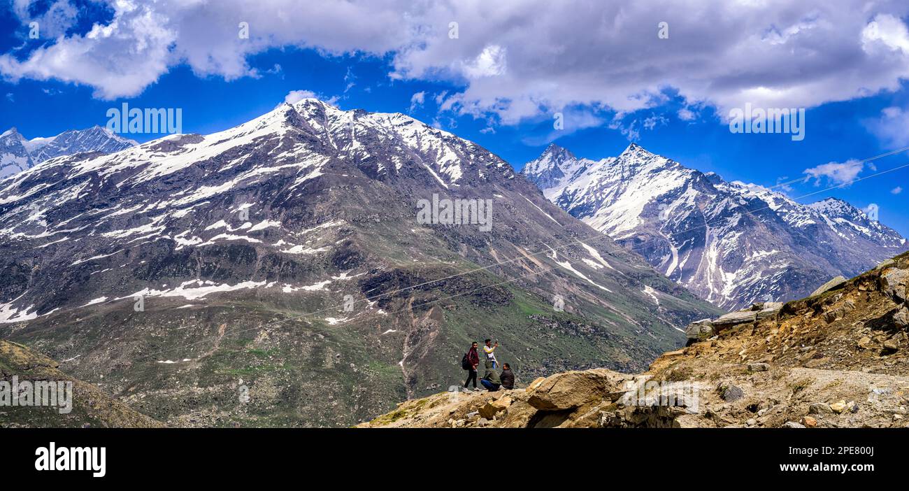 Taking a Selfie during a Day Hike in the Himalaya Mountain Range near Graphu Snow point Stock Photo