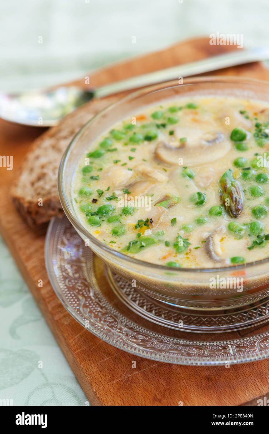 Creamy Mushroom Soup with Spring Vegetables Stock Photo