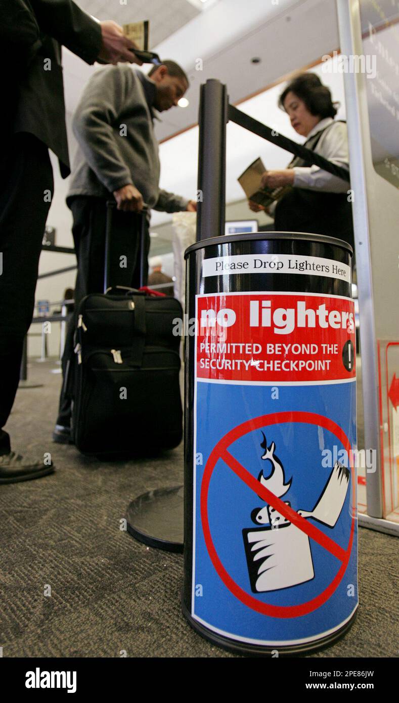 A receptable for cigarette lighters is shown at the security entrance at the San Francisco