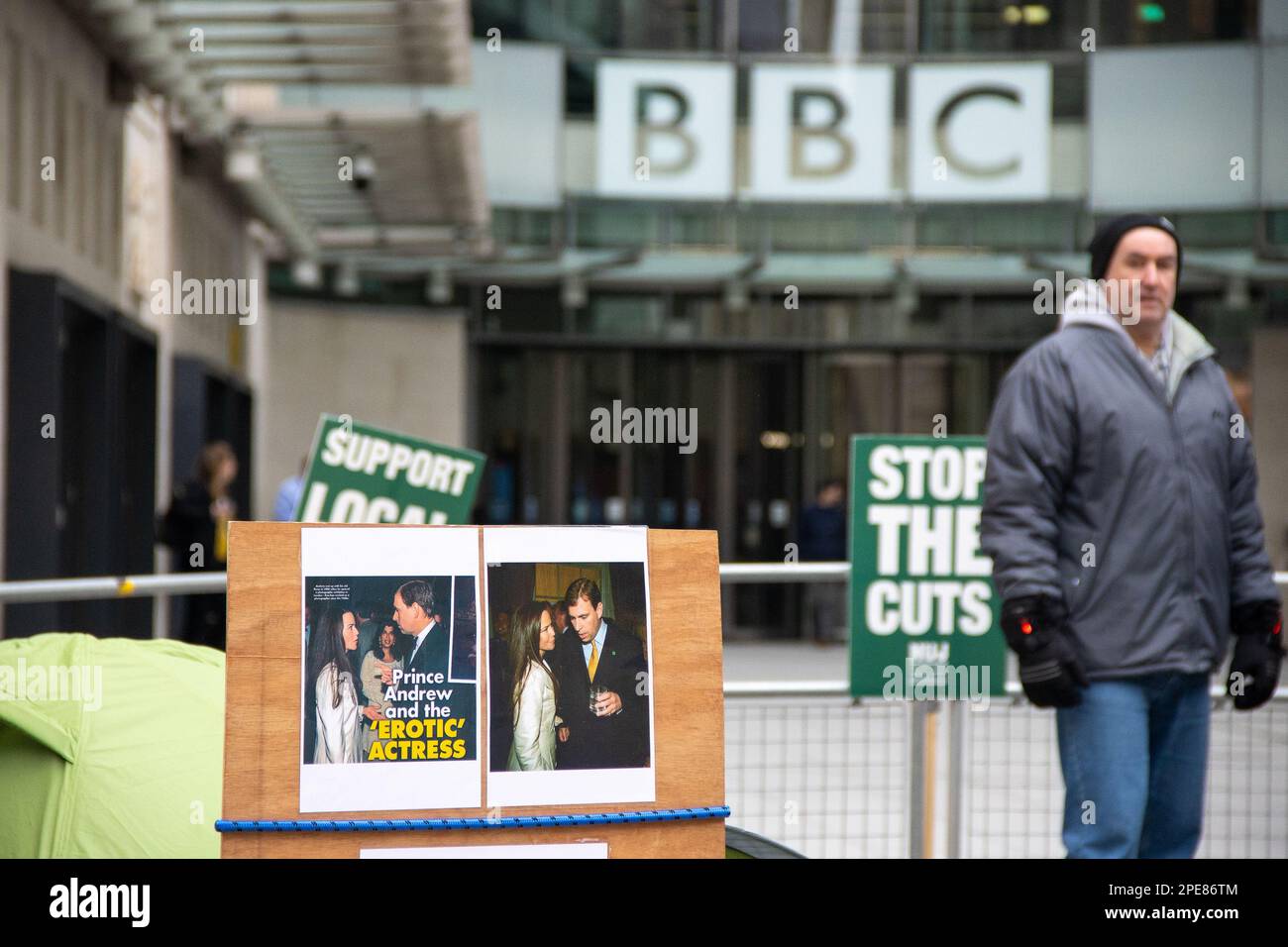 London, UK - March 15, 2023: Picket lines have formed outside the BBC offices in London as the NUJ is in dispute over cuts to local radio. NUJ members working throughout England for BBC Local are participating in a 24-hour strike, which is affecting coverage of the Budget. Credit: Sinai Noor/Alamy Live News Stock Photo