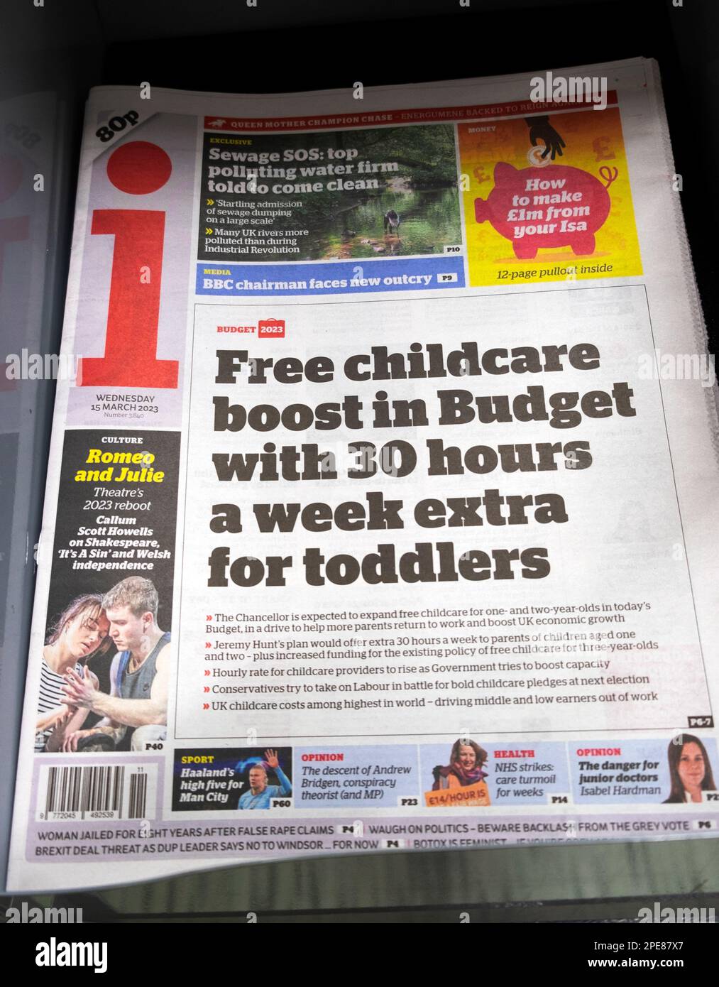 'Free childcare boost in Budget with 30 hours a week extra for toddlers' i newspaper headline front page Jeremy Hunt Spring Budget on 15 March 2023 UK Stock Photo