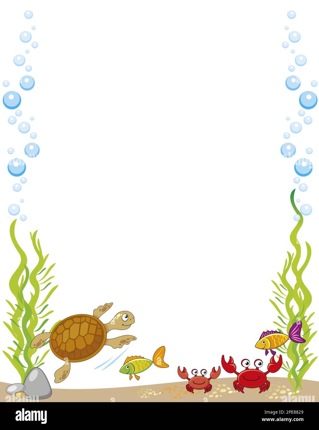 vector cartoon border, illustration of the underwater world with crabs, fishes, sandy bottom, rocks, algae, bubbles white background. Stock Vector