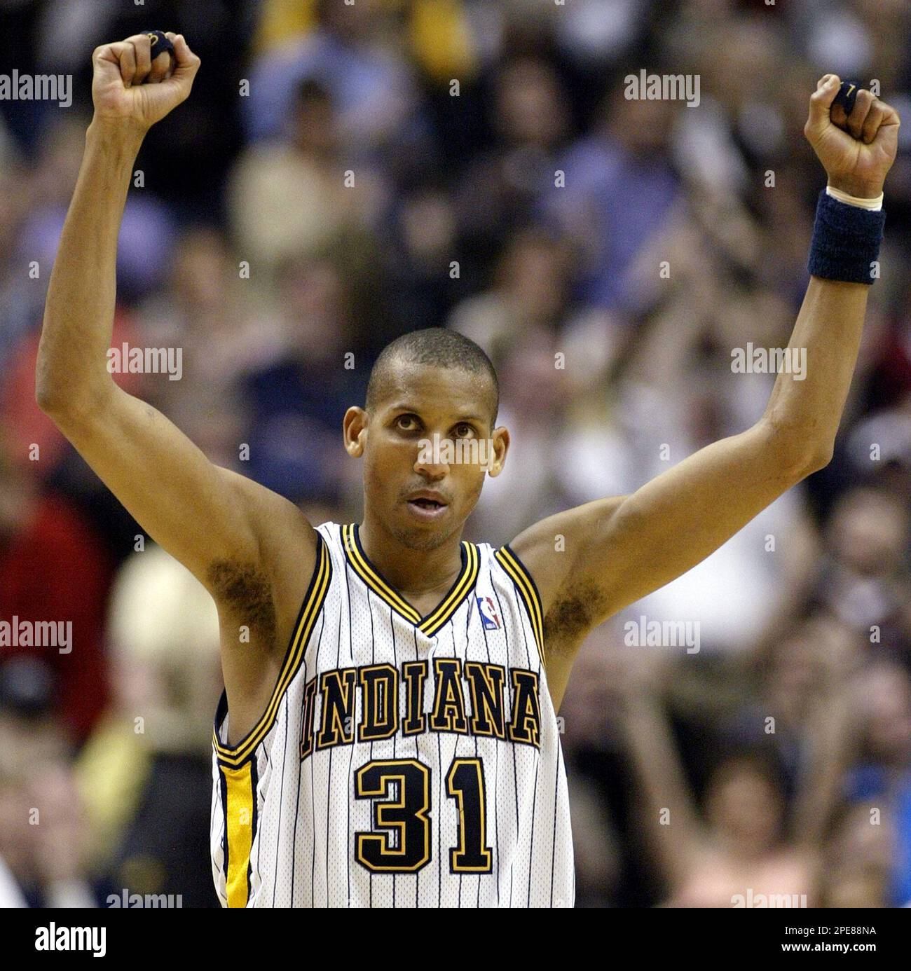 Indiana Pacers guard Reggie Miller celebrates the Pacers 90-86 win over the  New Jersey Nets, Wednesday, April 13, 2005 in Indianapolis. Miller scored a  team high 22 points in the Pacers win