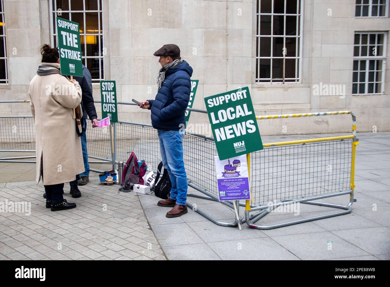 London, UK - March 15, 2023: Picket lines have formed outside the BBC offices in London as the NUJ is in dispute over cuts to local radio. NUJ members working throughout England for BBC Local are participating in a 24-hour strike, which is affecting coverage of the Budget. Credit: Sinai Noor/Alamy Live News Stock Photo