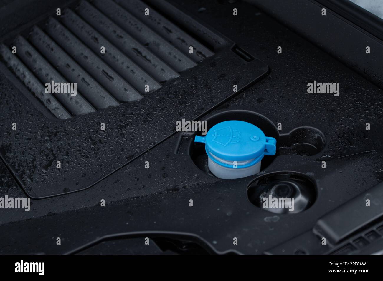 Closeup blue windshield washer fluid reservoir cap. Car engine