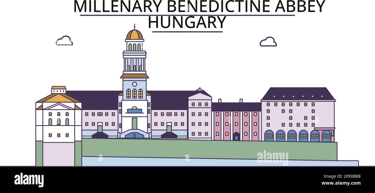 Hungary, Millenary Benedictine Abbey tourism landmarks, vector city travel illustration Stock Vector