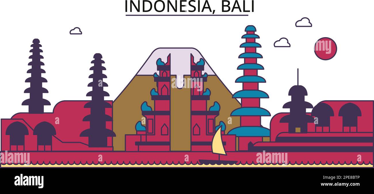 Indonesia, Bali tourism landmarks, vector city travel illustration