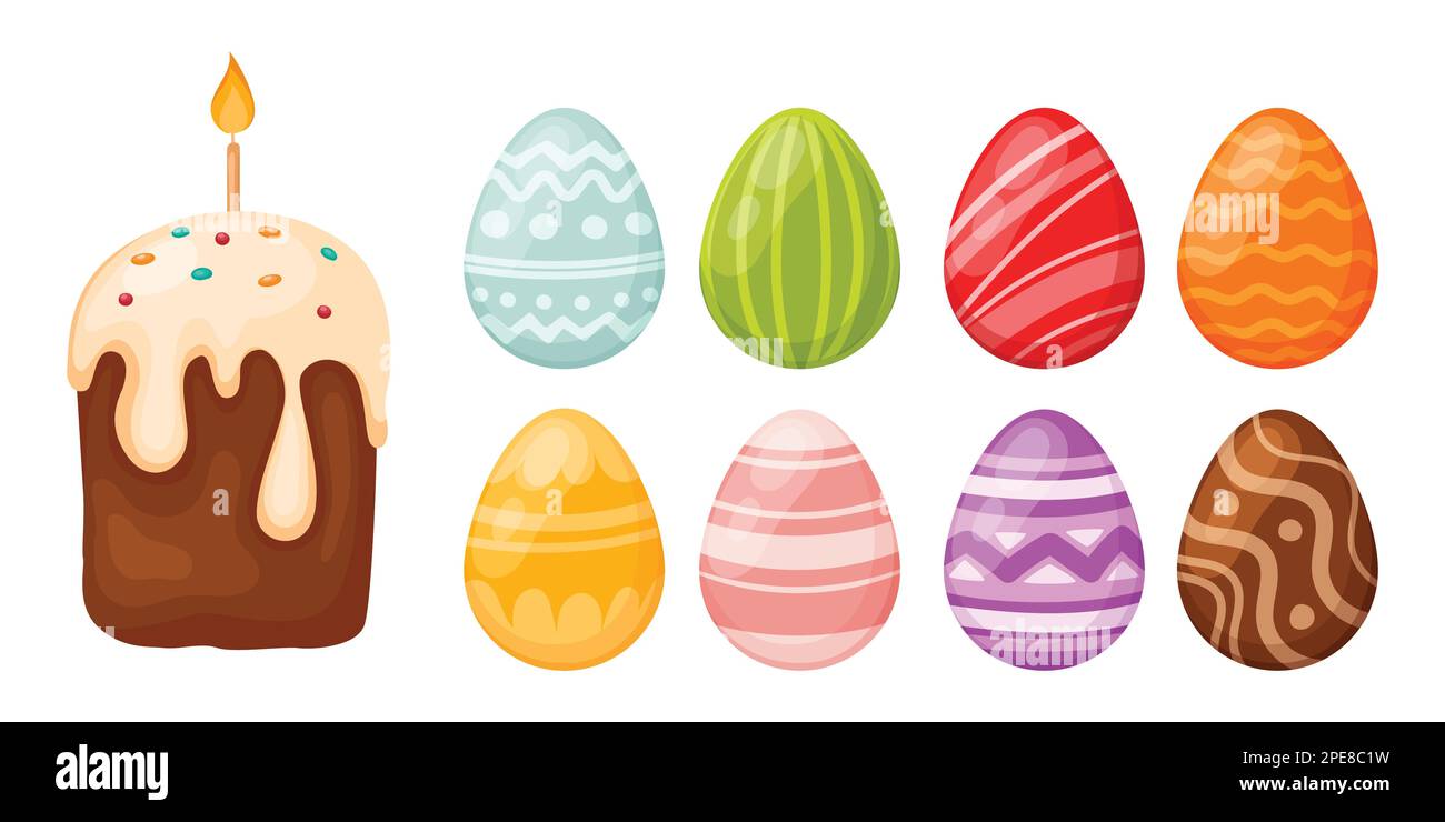 Easter set of Easter cakes and multi-colored eggs. Stock Vector