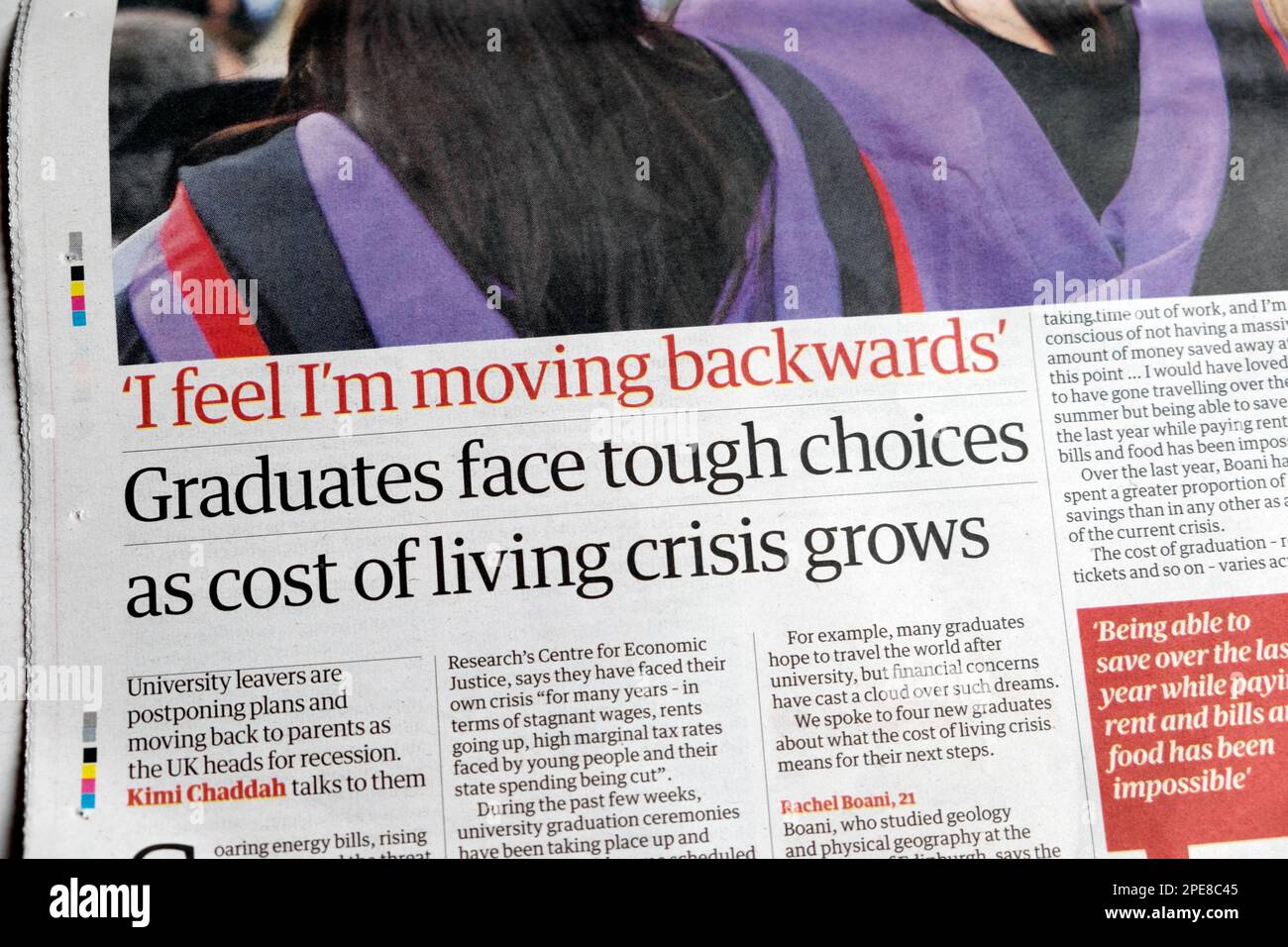 University 'Graduates face tough choices as cost of living crisis grows'  Guardian newspaper headline article education clipping August 2022 London UK Stock Photo