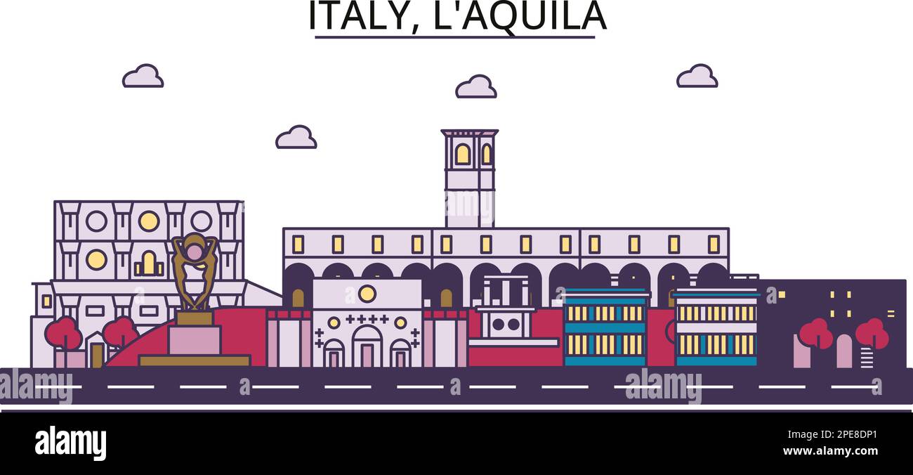 Italy, L'aquila tourism landmarks, vector city travel illustration Stock Vector