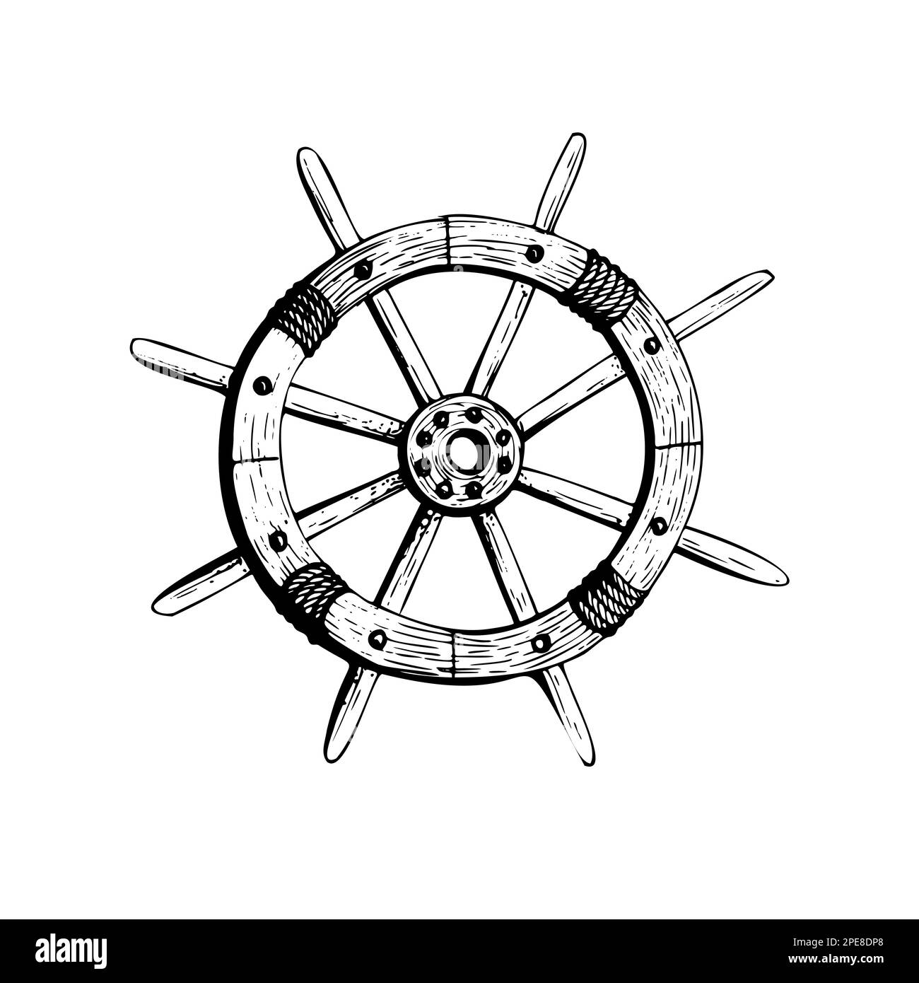 Wooden steering wheel from the ship. Isolated object drawn by hand in graphic technique. Vector illustration for summer, nautical and beach decoration Stock Vector