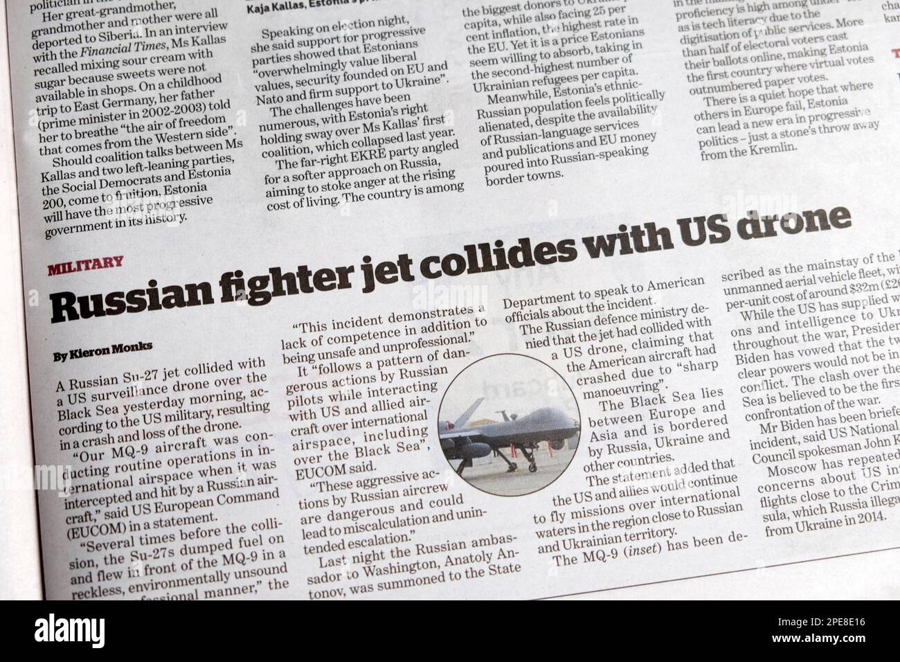 'Russian fighter jet collides with US drone' i newspaper headline military article 15 March 2023