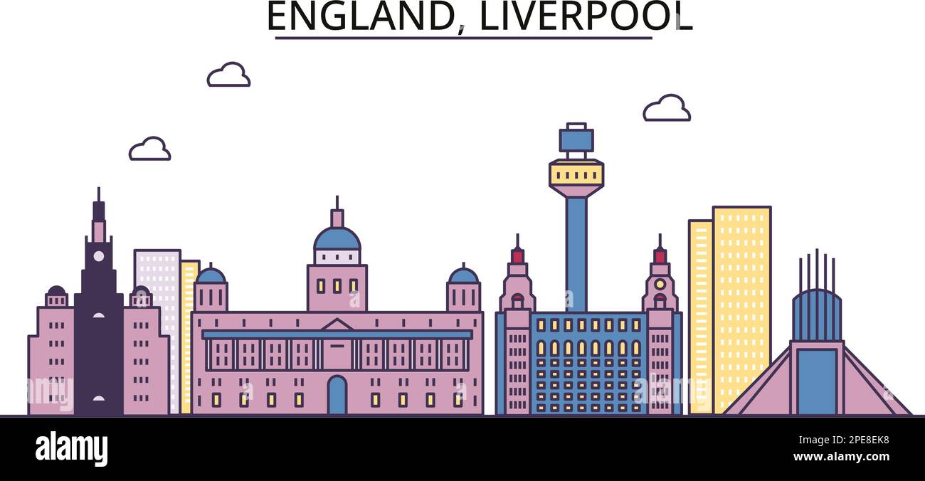 United Kingdom, Liverpool tourism landmarks, vector city travel illustration Stock Vector