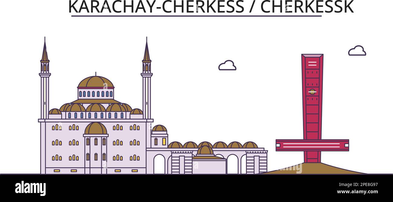 Russia, Cherkessk tourism landmarks, vector city travel illustration ...