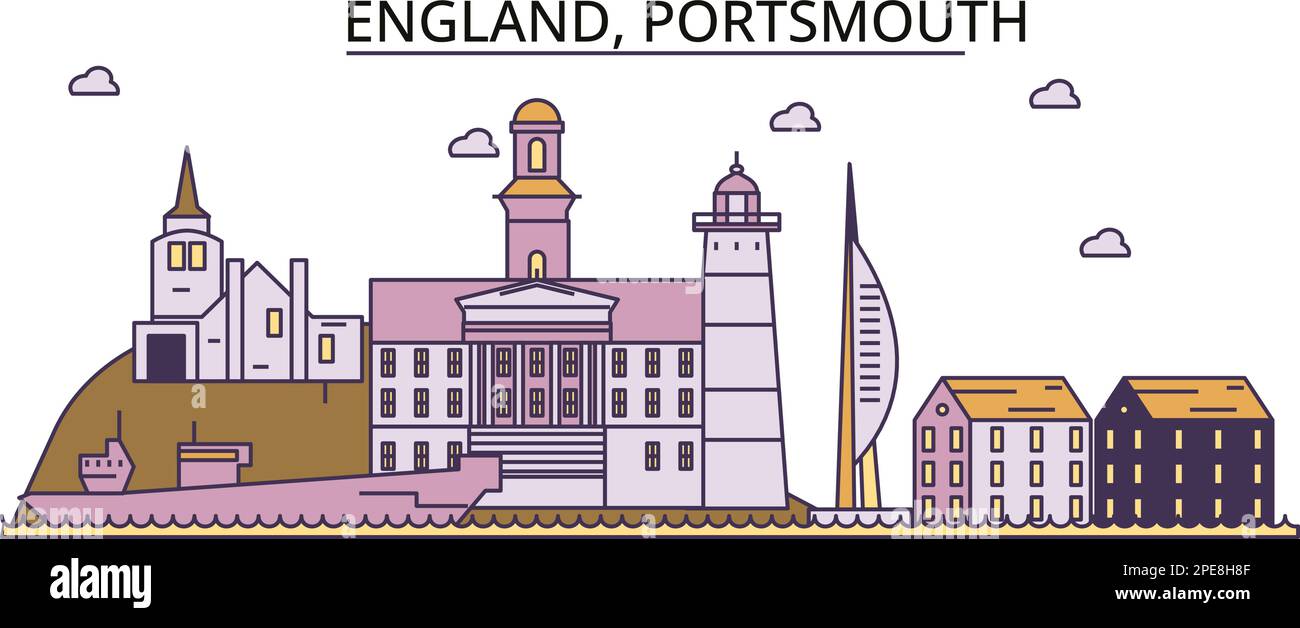 United Kingdom, Portsmouth tourism landmarks, vector city travel illustration Stock Vector