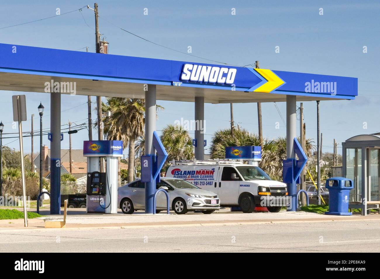 Galveston, Texas, USA February 2023 Car and van filling up at a gas
