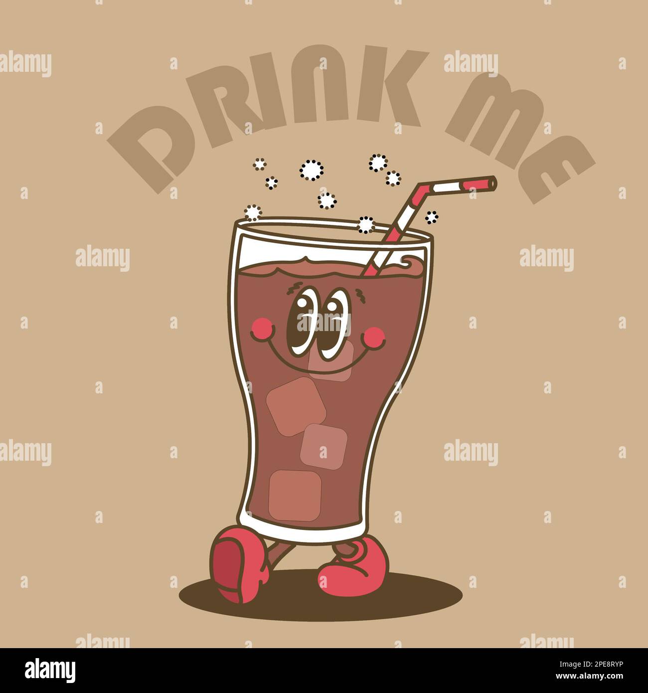Illustration of happy, smiling soft drink. Fast food. Fizzy cola or root beer. Walking. Text saying 'Drink me'. Stock Photo