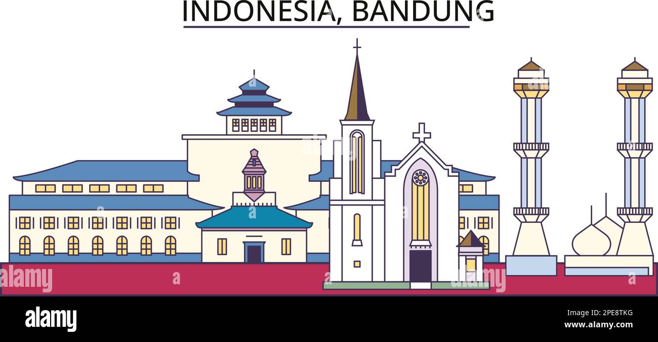 Indonesia, Bandung tourism landmarks, vector city travel illustration Stock Vector