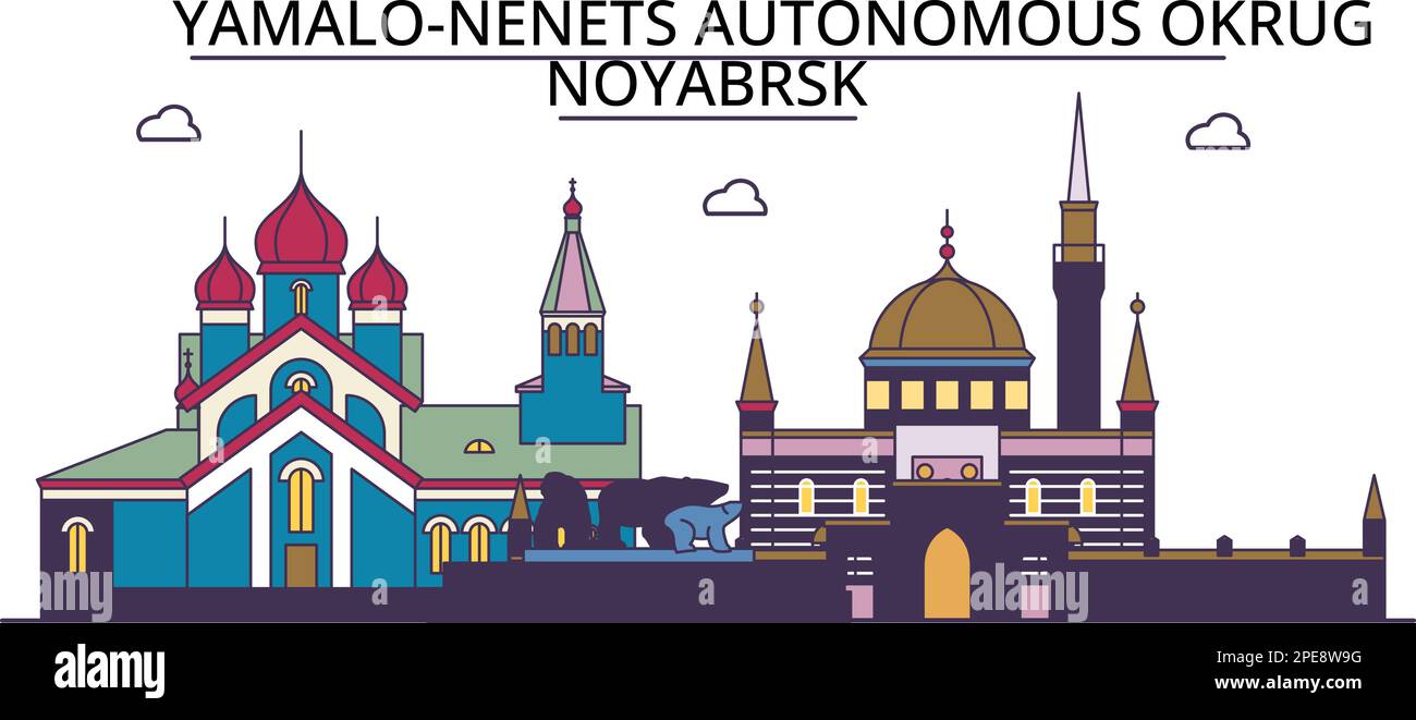 Russia, Noyabrsk tourism landmarks, vector city travel illustration ...