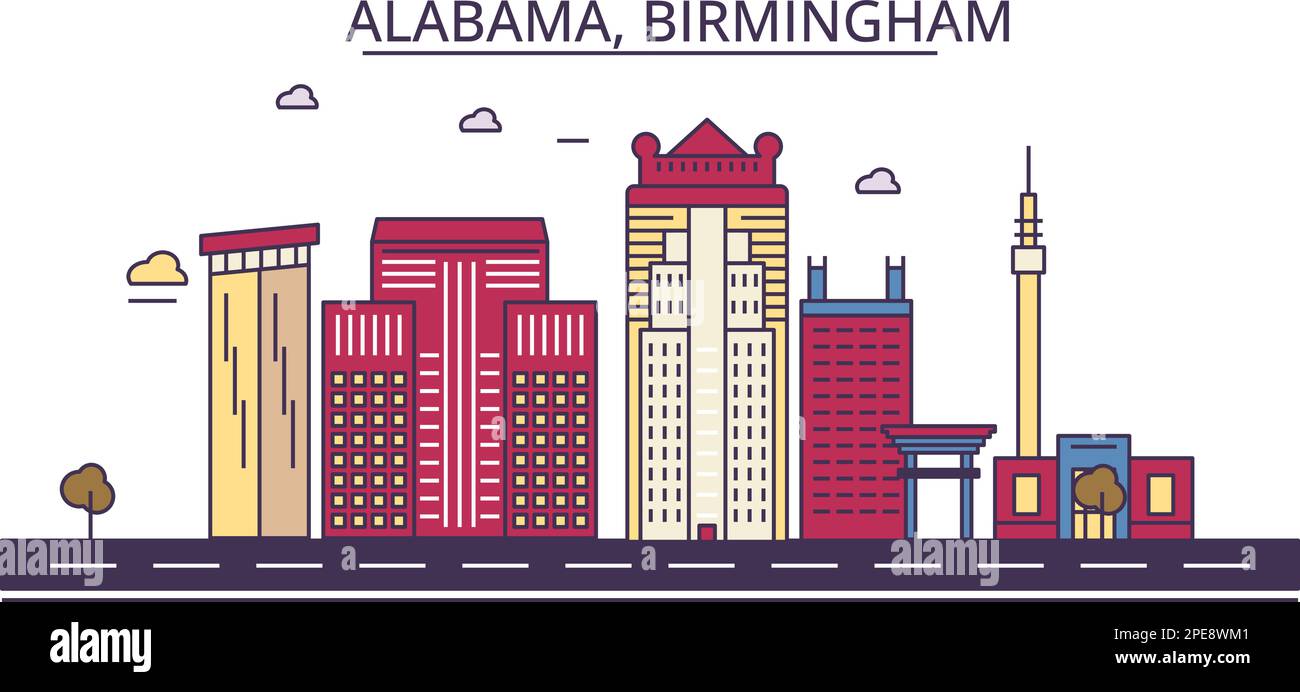United States, Birmingham tourism landmarks, vector city travel illustration Stock Vector