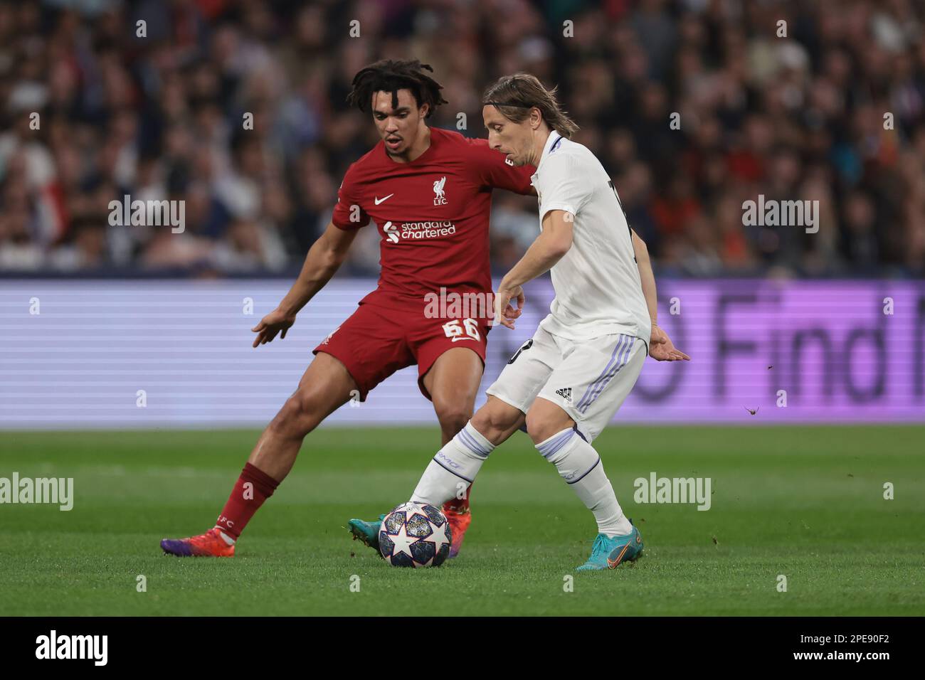 Madrid, Spain. 15th Mar, 2023. Trent Alexander-Arnold of Liverpool FC and Luka Modric of Real Madrid during the UEFA Champions League match at the Santiago Bernabeu, Madrid. Picture credit should read: Jonathan Moscrop/Sportimage Credit: Sportimage/Alamy Live News Stock Photo