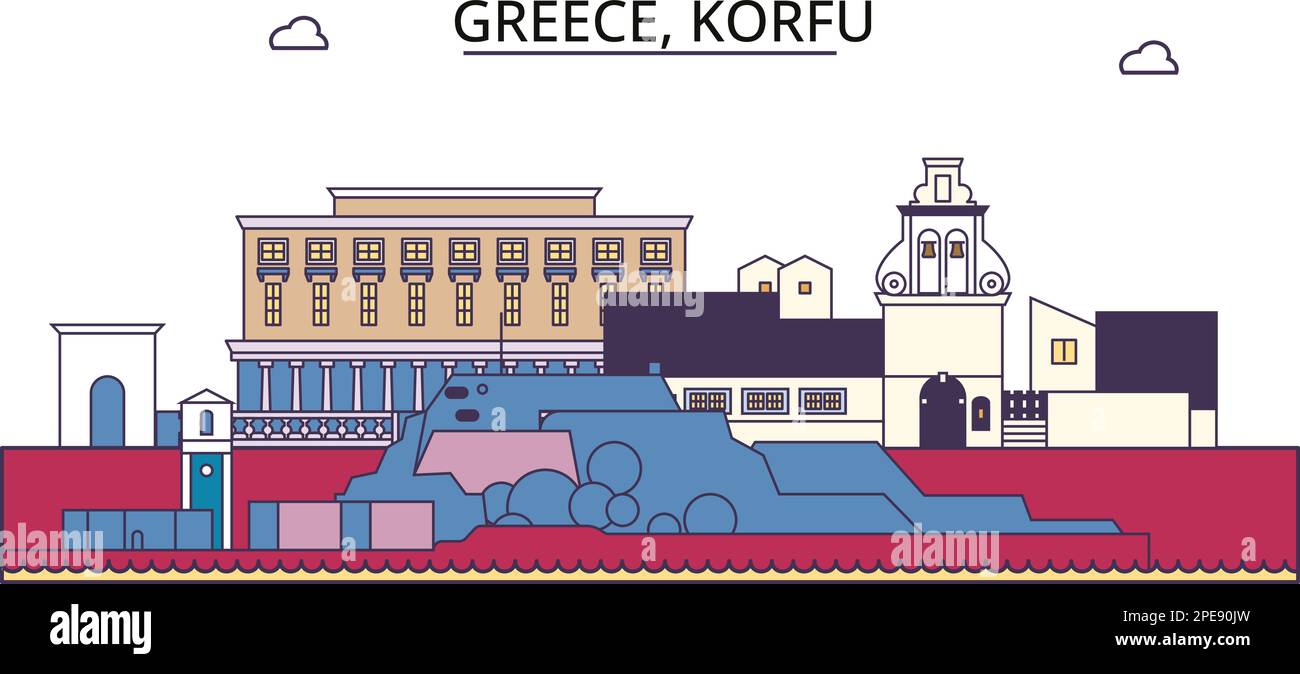Greece, Korfu tourism landmarks, vector city travel illustration Stock Vector