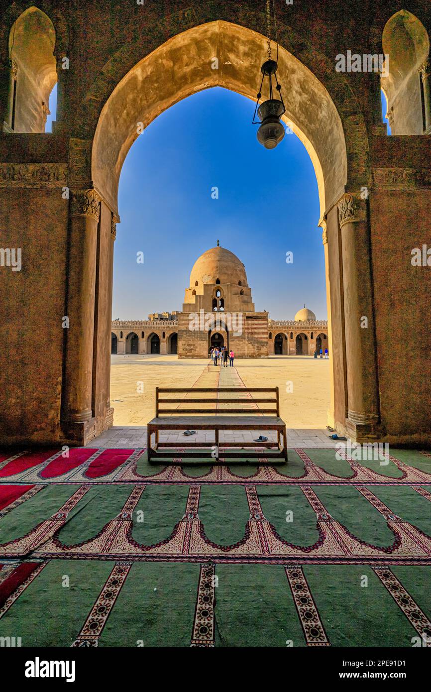 Ablution Fountain in the courtyard of the Ibn Tulun Mosque, viewed through an eastern portico arch Stock Photo
