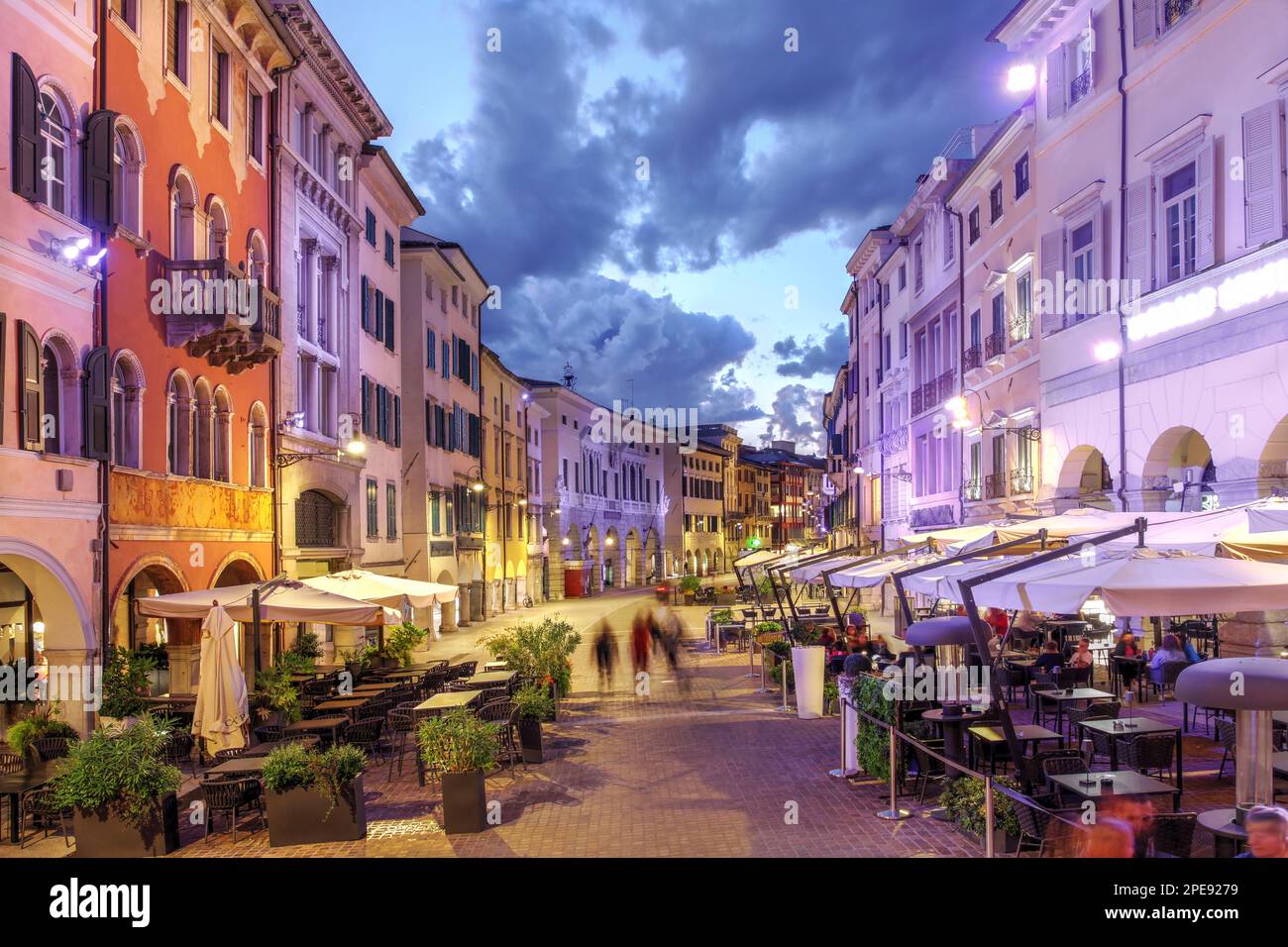 Historical Via Mercatovecchio (Old Market street) in Udine, Italy at night. Stock Photo