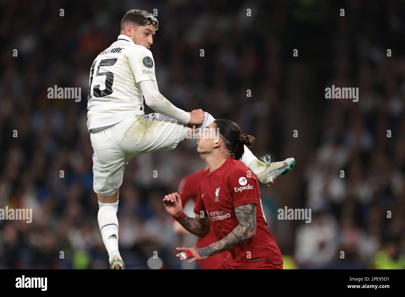 Madrid, Spain. 15th Mar, 2023. Federico Valverde of Real Madrid and Darwin Nunez of Liverpool FC during the UEFA Champions League match at the Santiago Bernabeu, Madrid. Picture credit should read: Jonathan Moscrop/Sportimage Credit: Sportimage/Alamy Live News Stock Photo