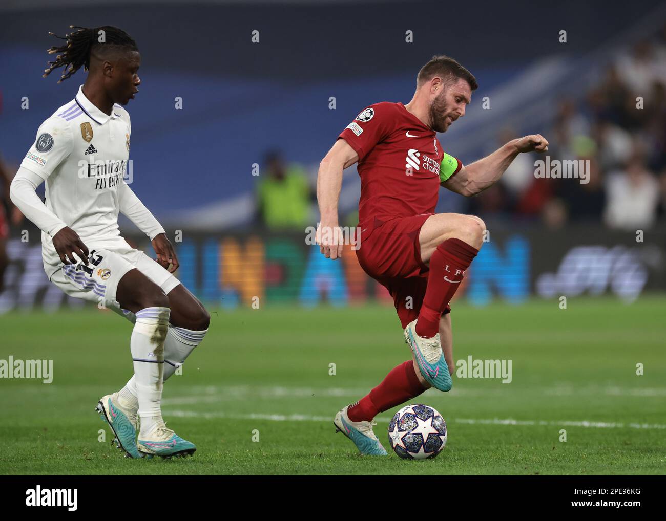 Madrid, Spain. 15th Mar, 2023. James Milner of Liverpool FC and Edoardo Camavinga of Real Madrid during the UEFA Champions League match at the Santiago Bernabeu, Madrid. Picture credit should read: Jonathan Moscrop/Sportimage Credit: Sportimage/Alamy Live News Stock Photo