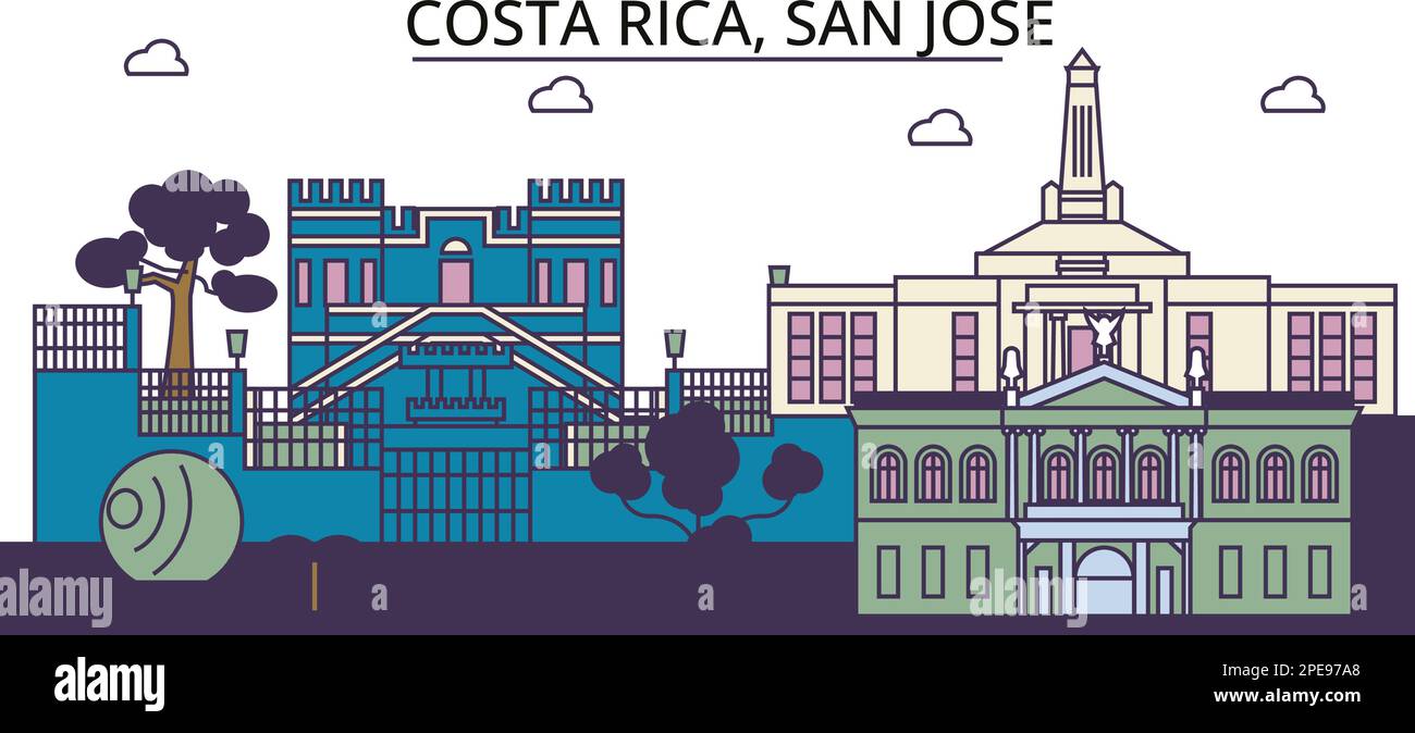 Costa Rica, San Jose tourism landmarks, vector city travel illustration Stock Vector