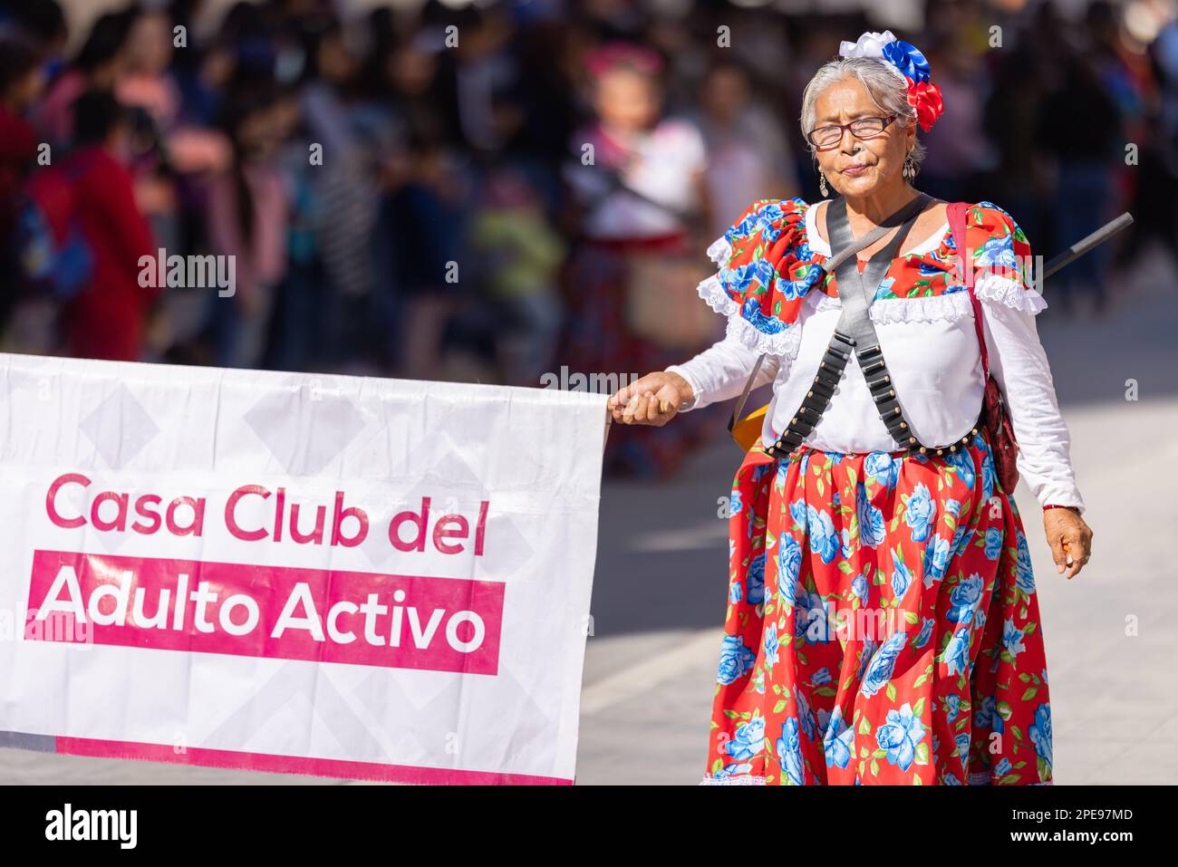Matamoros, Tamaulipas, Mexico - November 26, 2022: The Desfile del 20 de Noviembre, Senior members of dance group Jovenes de Corazon sponsored by DIF, Stock Photo