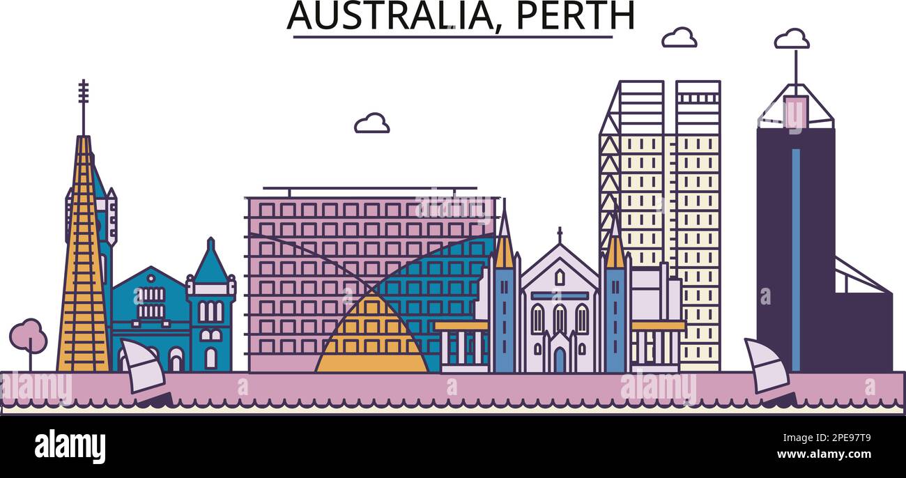 Australia, Perth tourism landmarks, vector city travel illustration Stock Vector