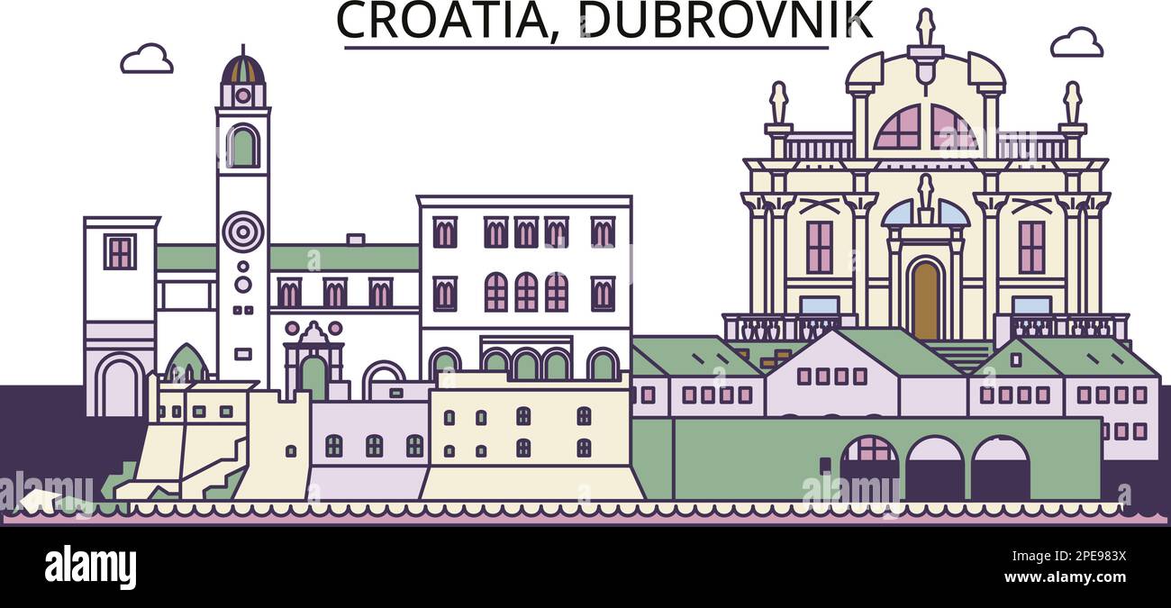 Croatia, Dubrovnik tourism landmarks, vector city travel illustration Stock Vector