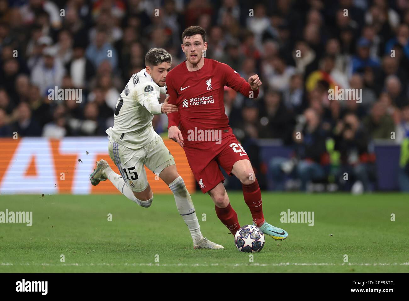 Madrid, Spain. 15th Mar, 2023. Andrew Robertson of Liverpool FC is pursued by Federico Valverde of Real Madrid during the UEFA Champions League match at the Santiago Bernabeu, Madrid. Picture credit should read: Jonathan Moscrop/Sportimage Credit: Sportimage/Alamy Live News Stock Photo