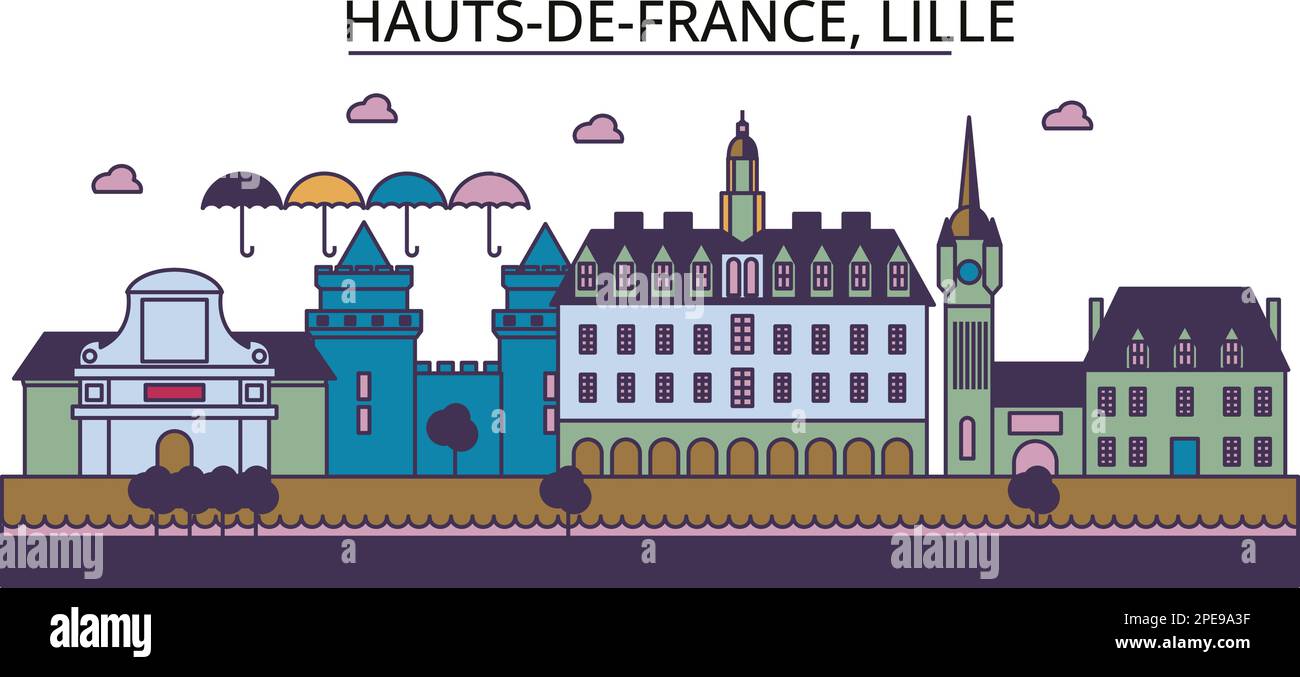 France, Lille tourism landmarks, vector city travel illustration Stock ...