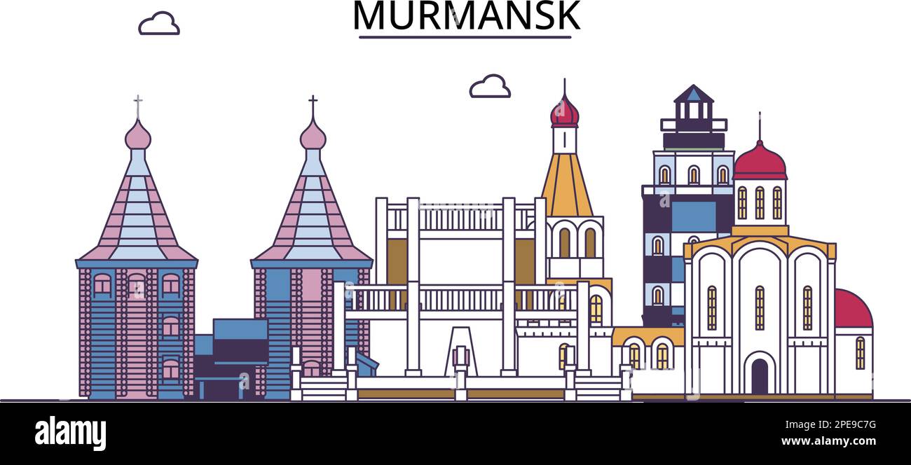 Russia, Murmansk tourism landmarks, vector city travel illustration Stock Vector