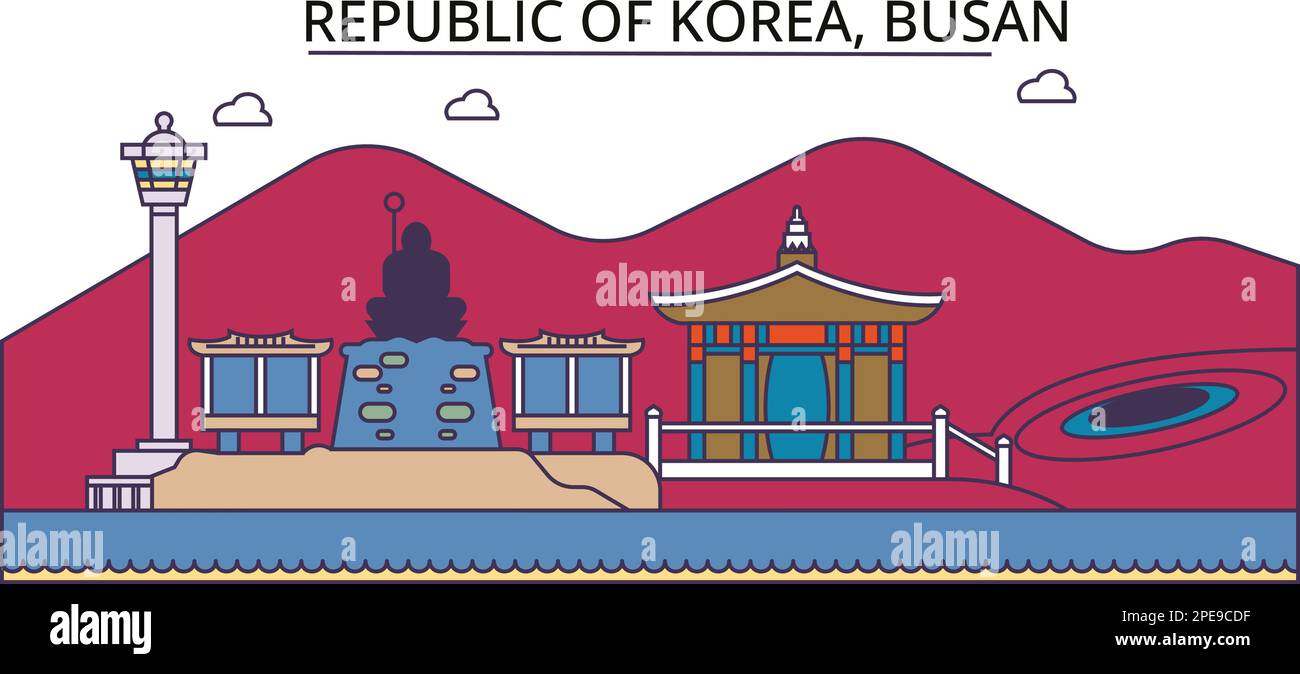 South Korea, Busan tourism landmarks, vector city travel illustration Stock Vector