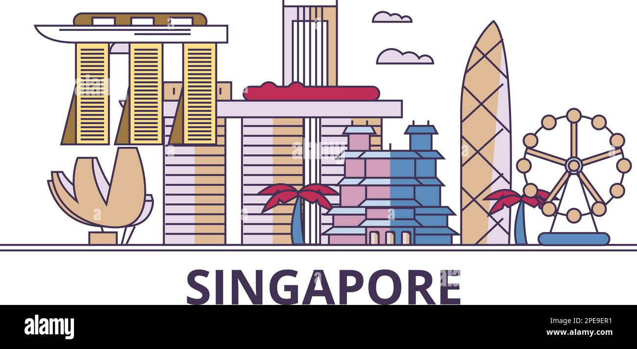 Singapore City tourism landmarks, vector city travel illustration Stock ...