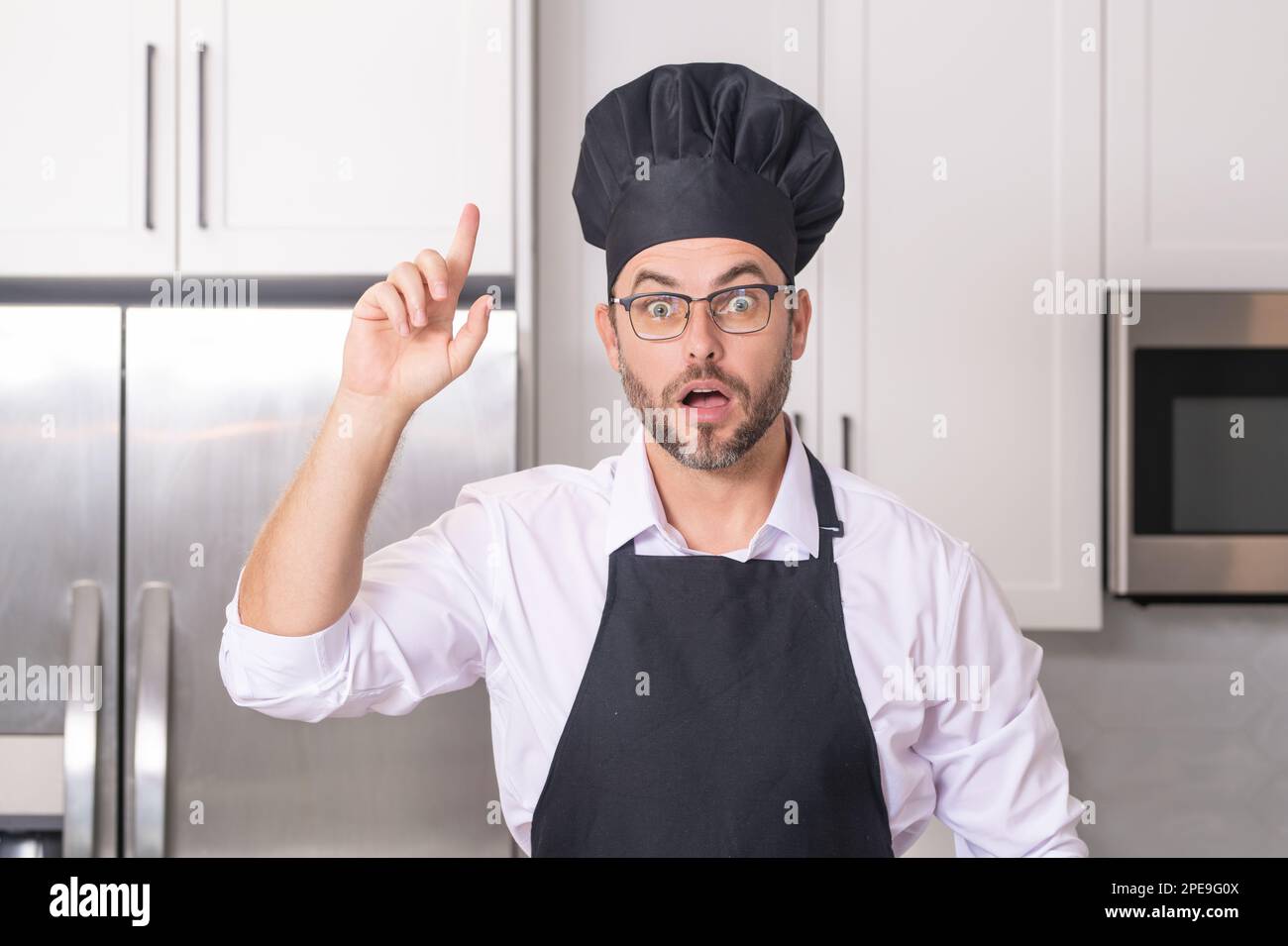 Idea for food. Man chef cooker baker. Millennial male chef in chefs