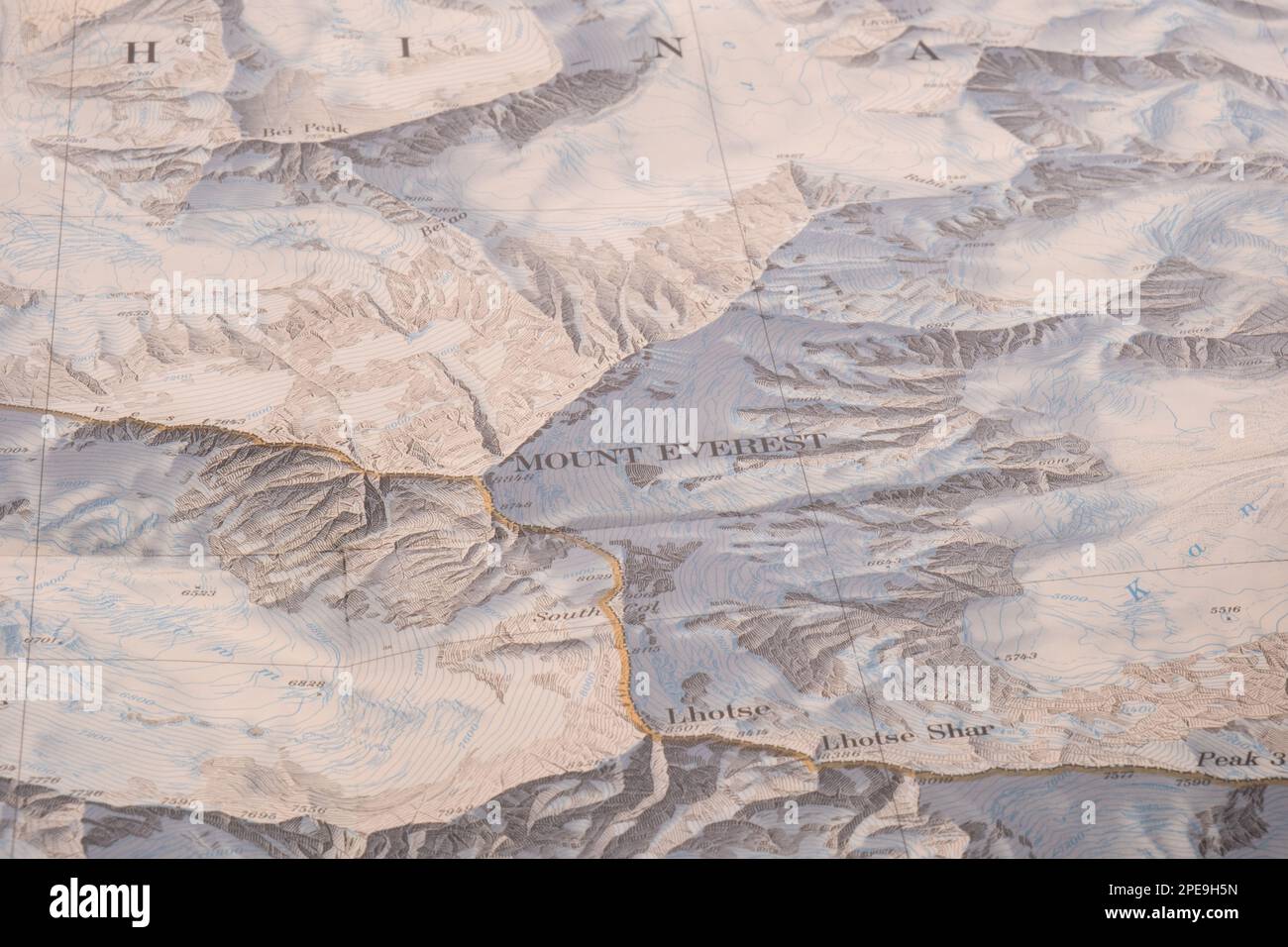 Selective Focus Close Up Of Map Detail Of Mt Everest Topographical Map Selective Focus Close Up Of Map Detail Of Mt Everest Topographical Map Showing Contour Lines Elevation 2PE9H5N