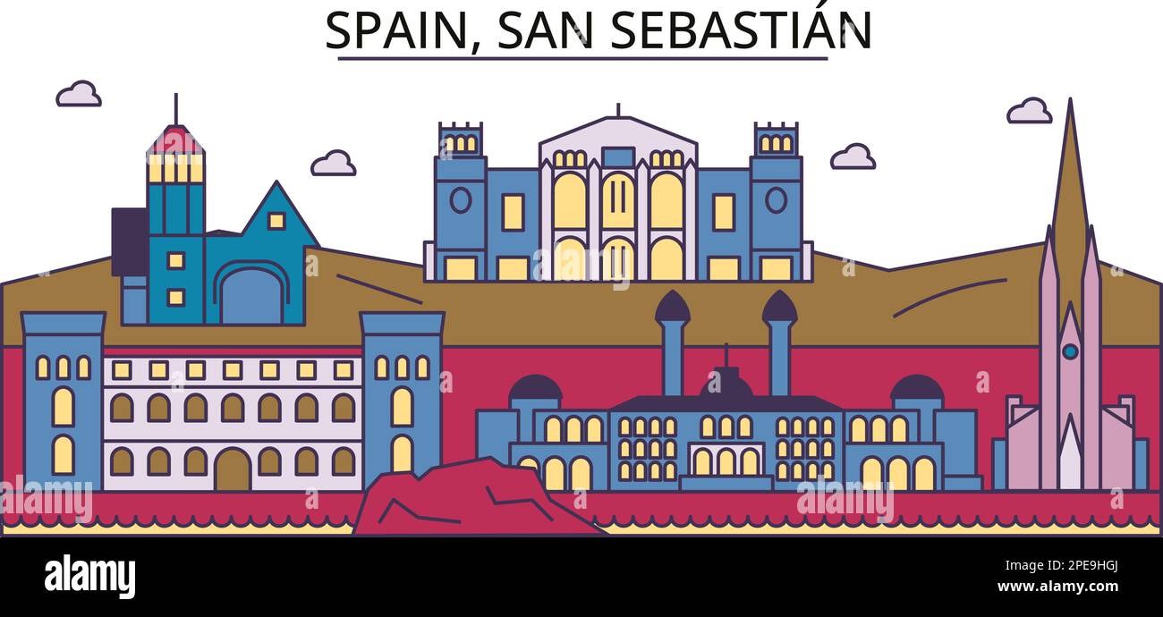 Spain, San Sebastian tourism landmarks, vector city travel illustration ...