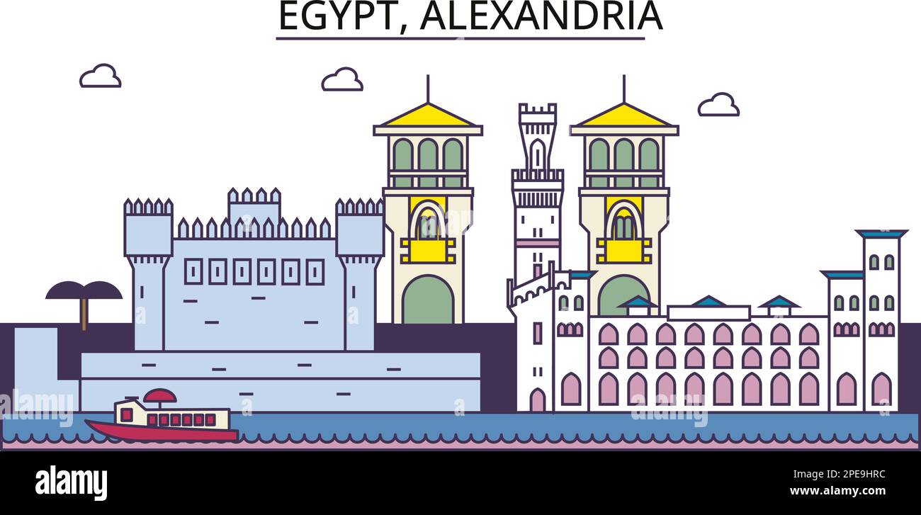 Egypt, Alexandria tourism landmarks, vector city travel illustration Stock Vector