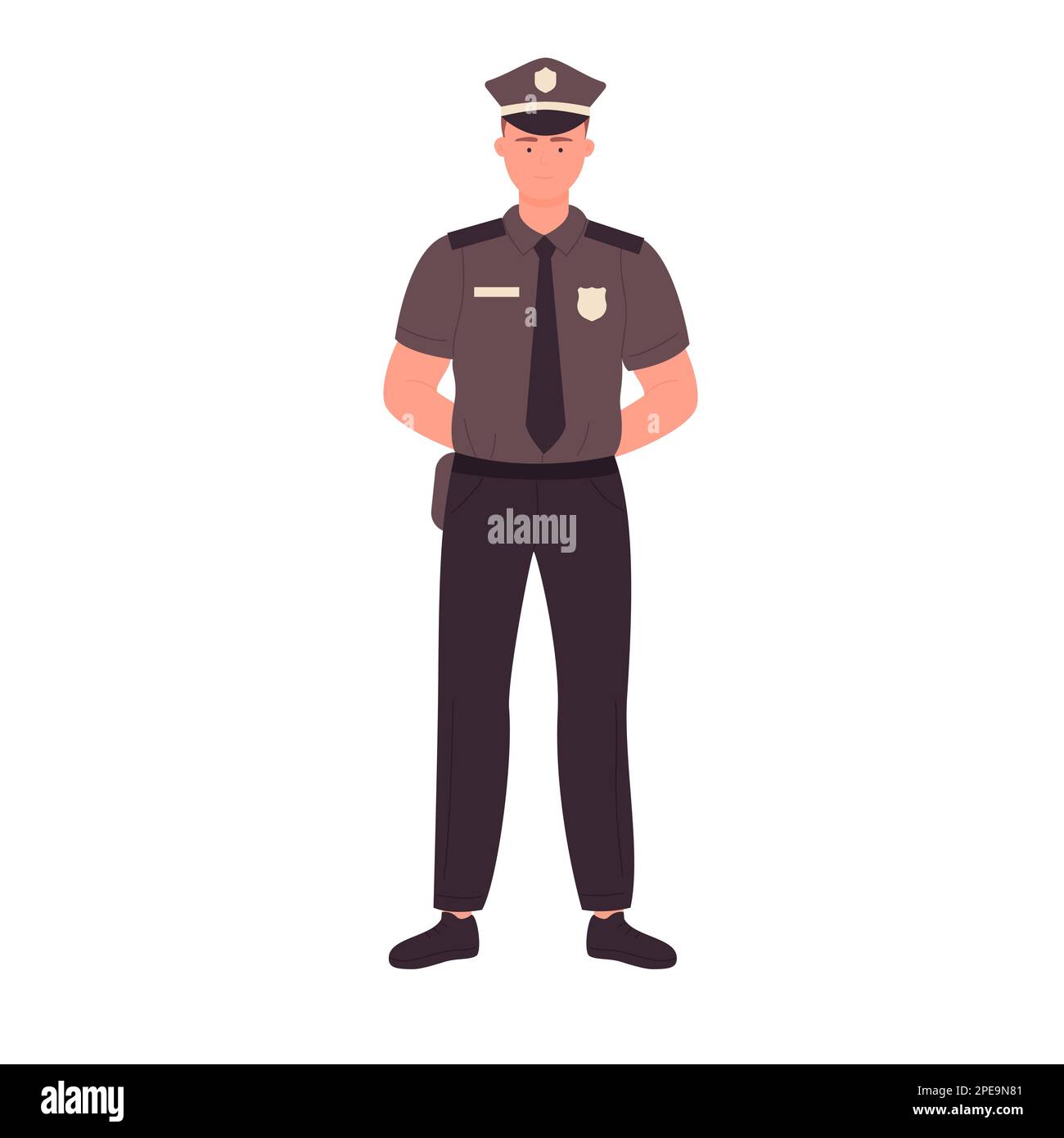 Front view of standing policeman. Police officer with hands behind back vector illustration Stock Vector