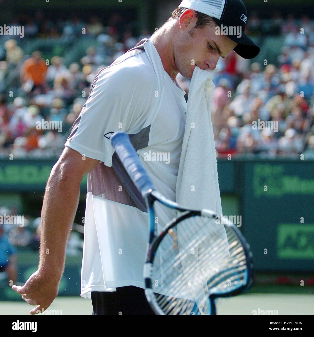 Andy Roddick of the United States slams his racket down in frustration ...