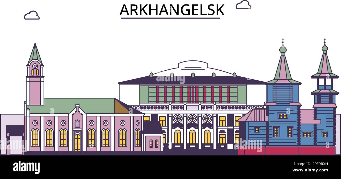 Russia, Arkhangelsk tourism landmarks, vector city travel illustration Stock Vector