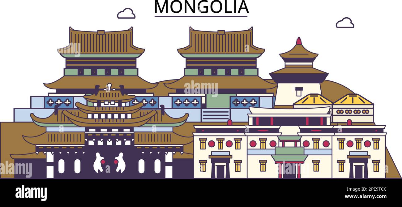 Mongolia tourism landmarks, vector city travel illustration Stock Vector